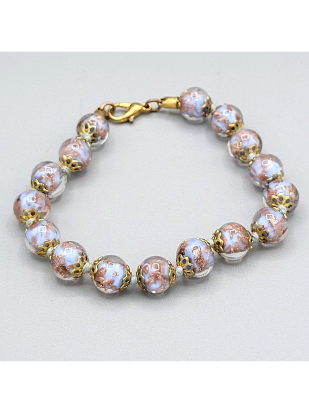 Venetian Glass Beaded Bracelet Transparent Copper Colored Flecks Filigree Caps